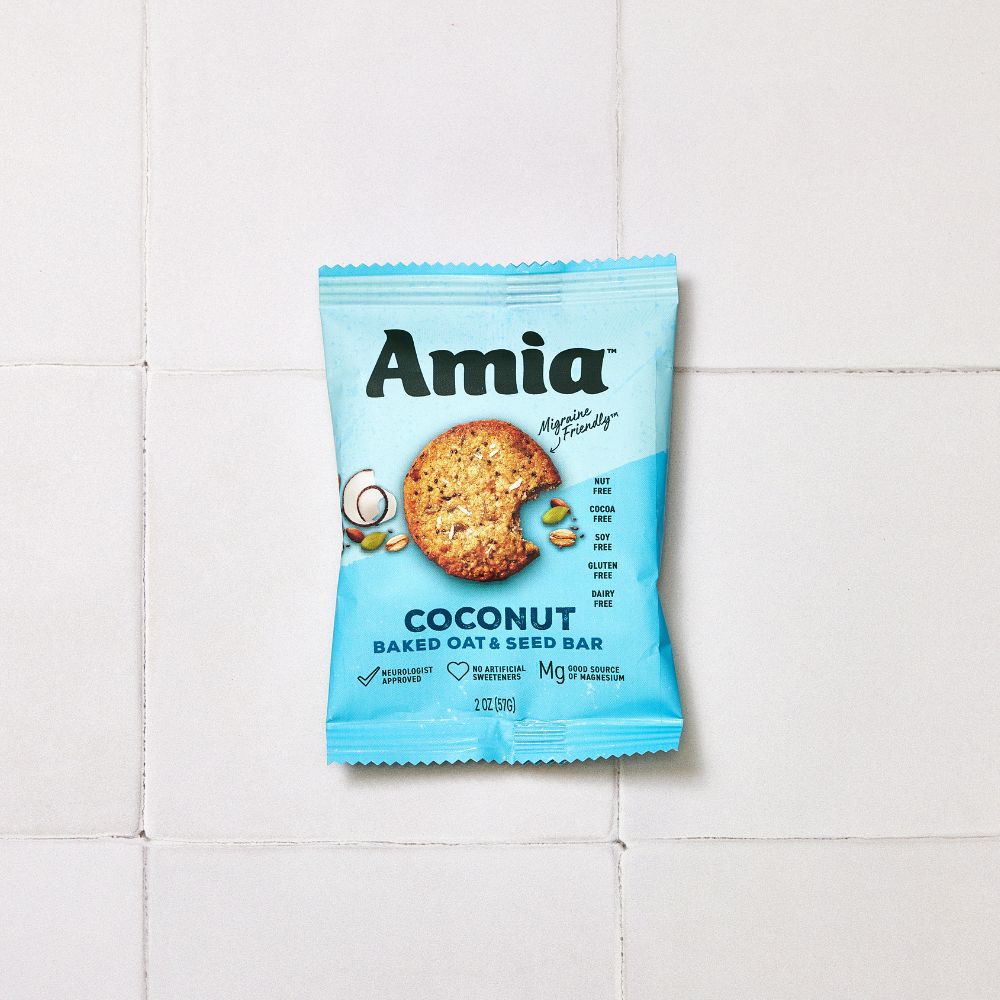 Each Coconut Amia bar is individually wrapped for easy, on-the-go snacking. Each bar is a great snack for people with migraine. Free from common migraine triggers; soy free, gluten free, dairy free, cocoa free, and nut free.