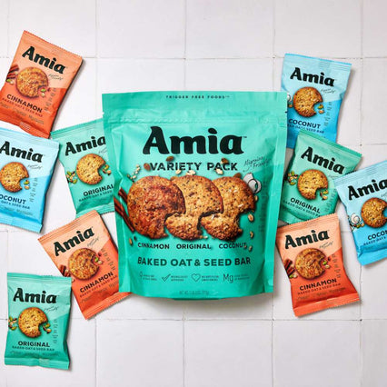 Amia Variety Pack Baked Oat and Seed Bars. good food and snacks for people with migraine. Free from all the common migraine triggers Each bag comes with 3 coconut, 3 cinnamon, and 3 original.
