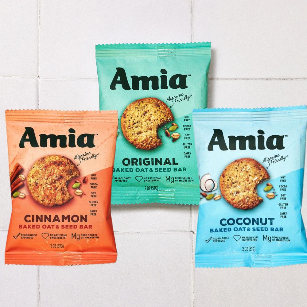 Each Cinnamon, Coconut and Original Amia bar is individually wrapped for easy, on-the-go snacking. Each bar is a great snack for people with migraine. Free from common migraine triggers; soy free, gluten free, dairy free, cocoa free, and nut free.